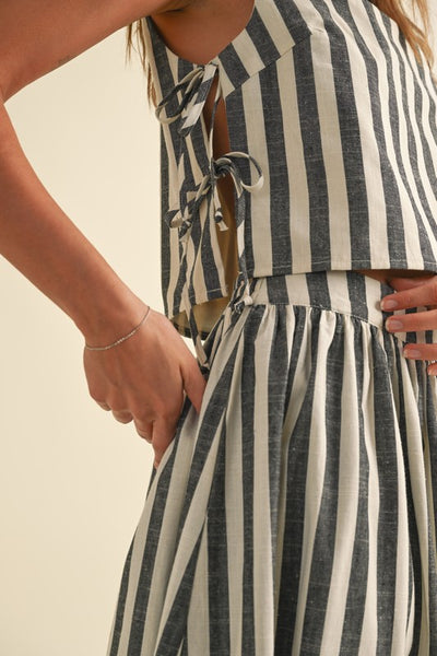 Stripe Pattern Tie On Side Top - Black