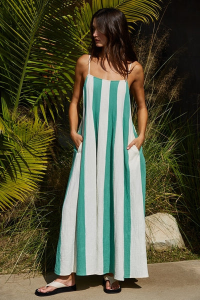 Striped Cami Pintuck Midi - Green