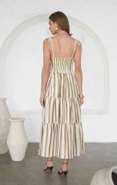 Striped Emb Scallop Midi Dress - Ivory