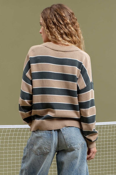 Striped Polo Sweater - Green