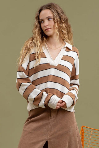 Striped Polo Sweater - Mocha