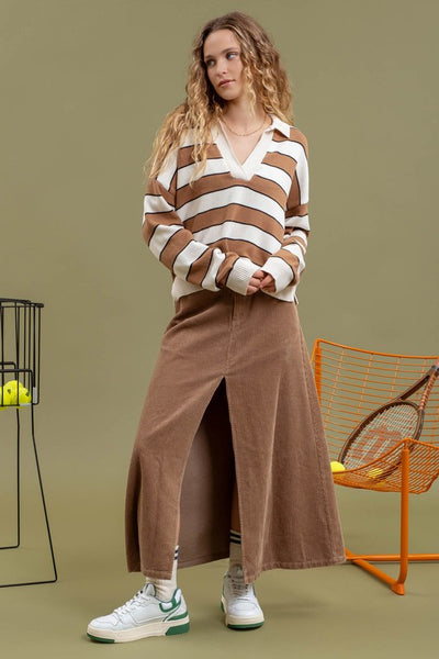 Striped Polo Sweater - Mocha