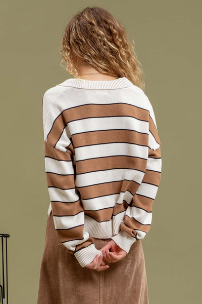 Striped Polo Sweater - Mocha