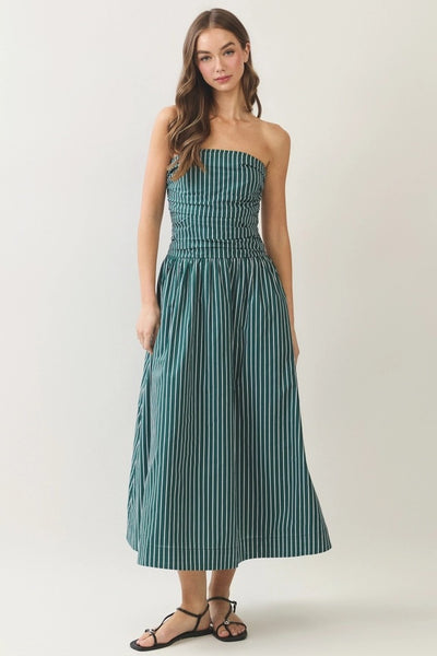 Striped Smocked Tube Midi - Green