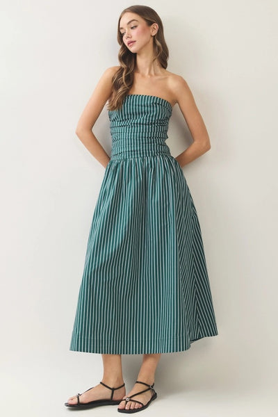 Striped Smocked Tube Midi - Green