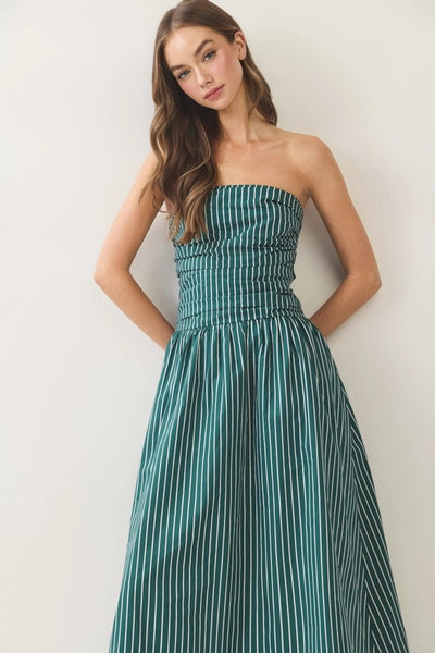 Striped Smocked Tube Midi - Green