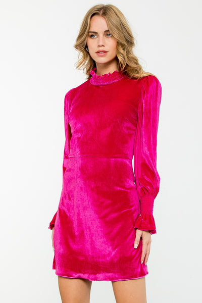 Tara Mock Neck Velvet Dress - Pink