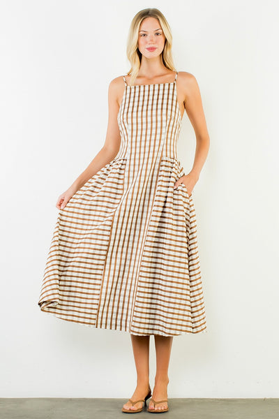 Thin Strap Gingham Maxi Dress - Brown