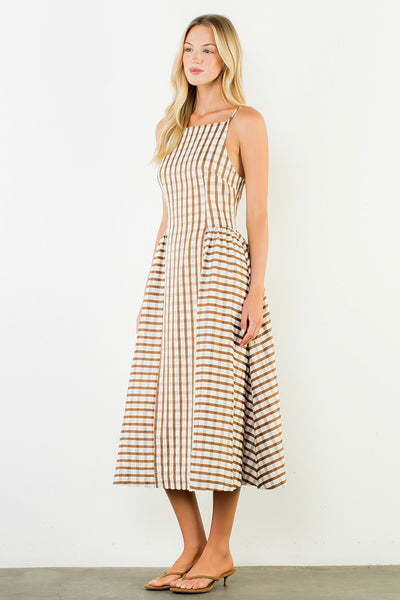 Thin Strap Gingham Maxi Dress - Brown