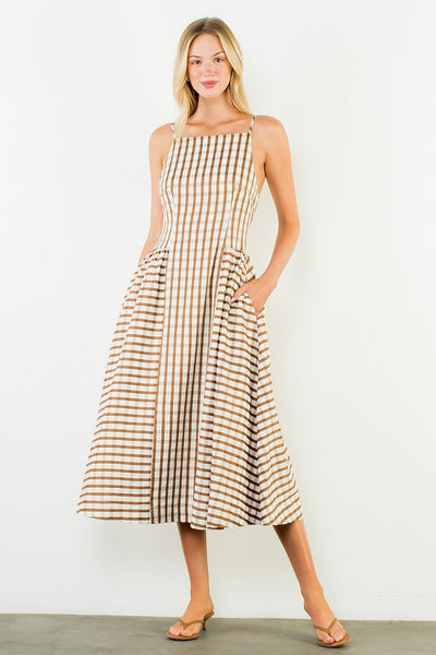 Thin Strap Gingham Maxi Dress - Brown