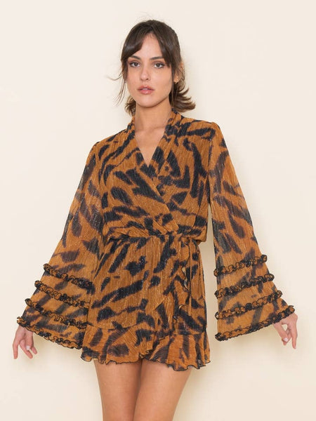 Tiger Ruffle Detail Dress - Gold
