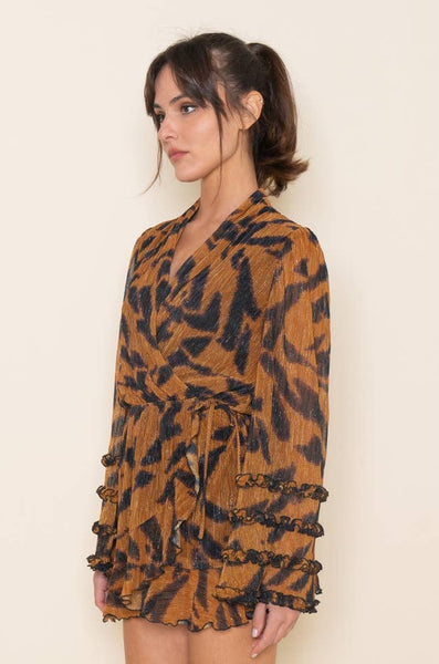 Tiger Ruffle Detail Dress - Gold