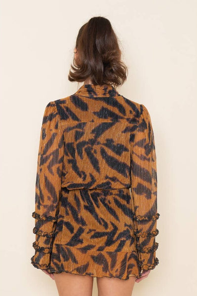 Tiger Ruffle Detail Dress - Gold