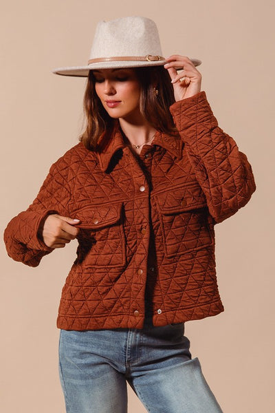 Triangle Quilted Button Jacket - Brick