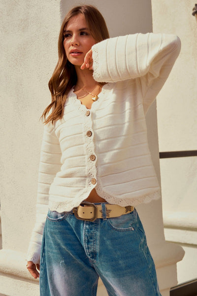 Trimmed Button Down Cardigan - Ivory