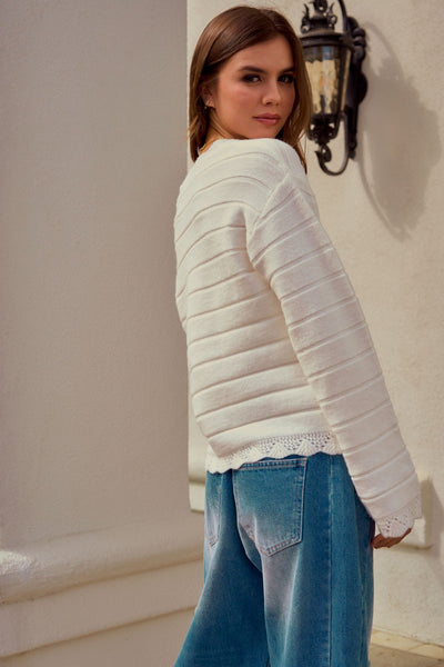 Trimmed Button Down Cardigan - Ivory