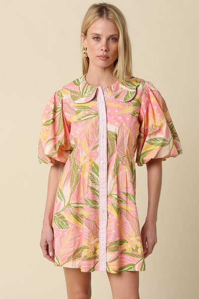 Tropical Palms Button Up Dress - Coral