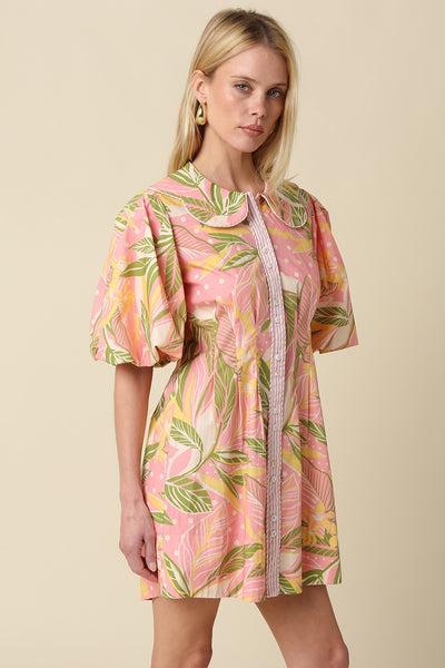 Tropical Palms Button Up Dress - Coral