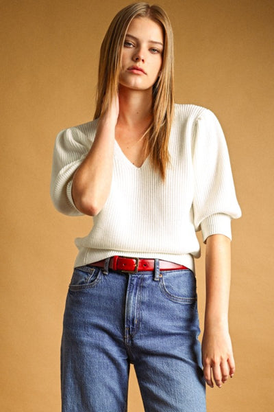 V-Neck Puff Sleeve Knit Top - Ivory