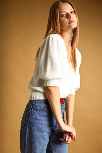 V-Neck Puff Sleeve Knit Top - Ivory