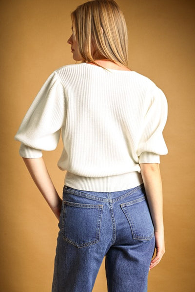 V-Neck Puff Sleeve Knit Top - Ivory
