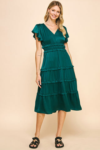 V Neck Tiered Midi Dress - Green