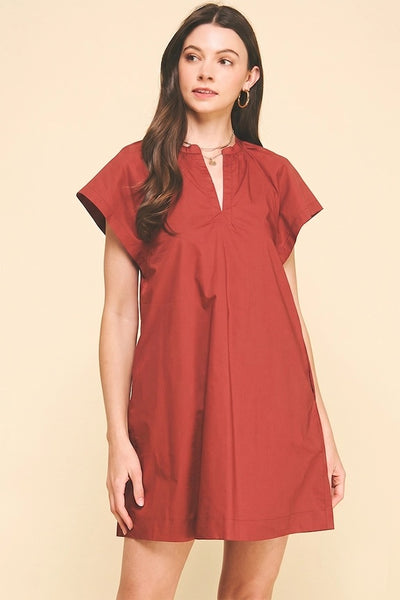V-Neck Tunic Mini Dress - Rust