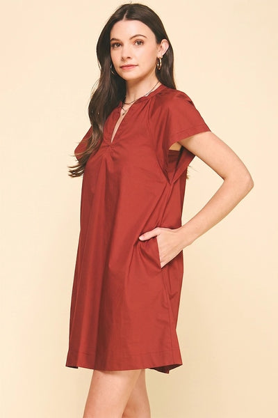 V-Neck Tunic Mini Dress - Rust