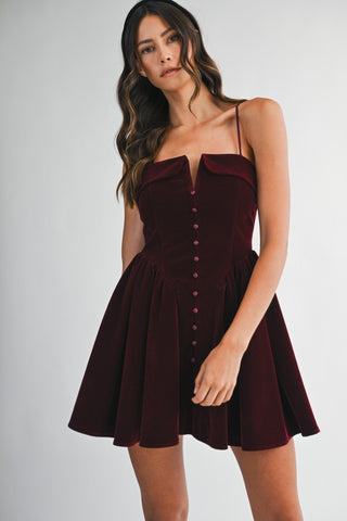 Velvet Flare Mini Dress - Wine