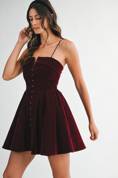 Velvet Flare Mini Dress - Wine