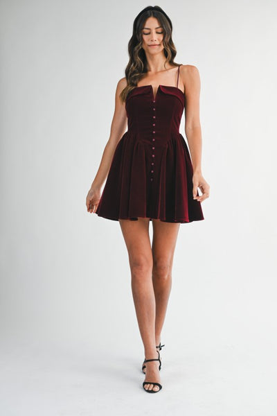 Velvet Flare Mini Dress - Wine