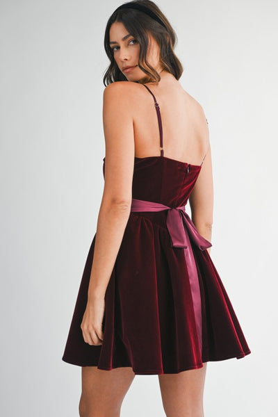 Velvet Flare Mini Dress - Wine