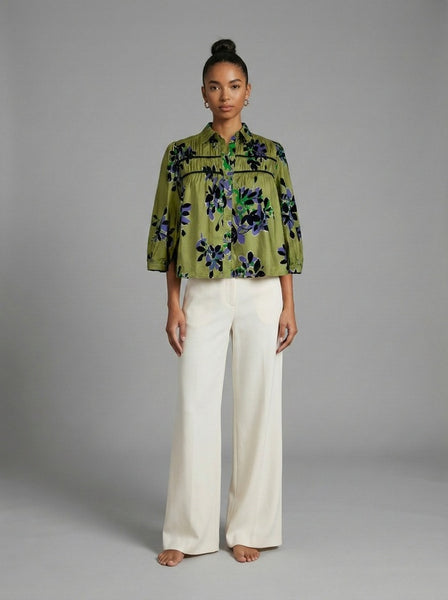 Verdant Leaves Pintuck Blouse - Green
