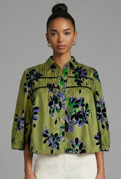 Verdant Leaves Pintuck Blouse - Green