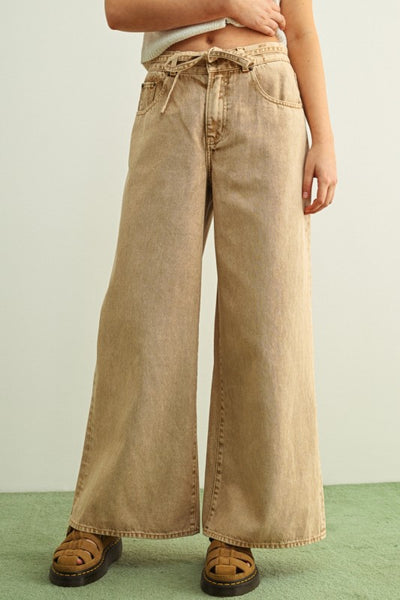 Washed Color Pants With Belt - Beige