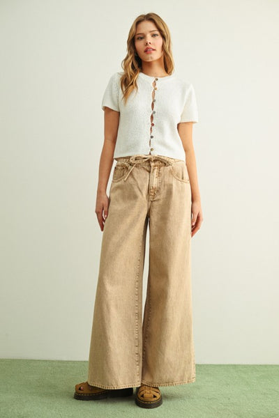 Washed Color Pants With Belt - Beige