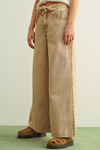 Washed Color Pants With Belt - Beige