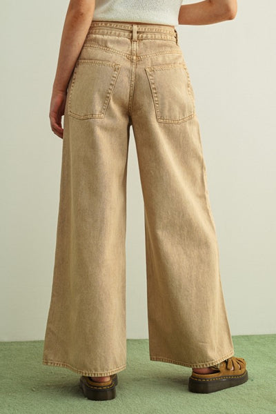 Washed Color Pants With Belt - Beige