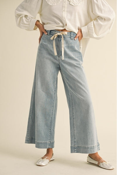 Washed Denim Tie Front Pants - Denim