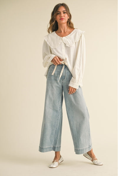 Washed Denim Tie Front Pants - Denim