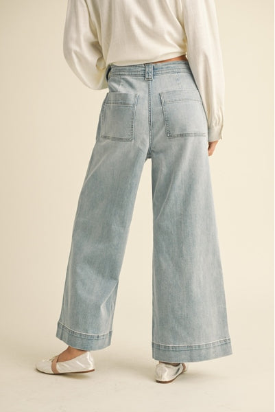 Washed Denim Tie Front Pants - Denim