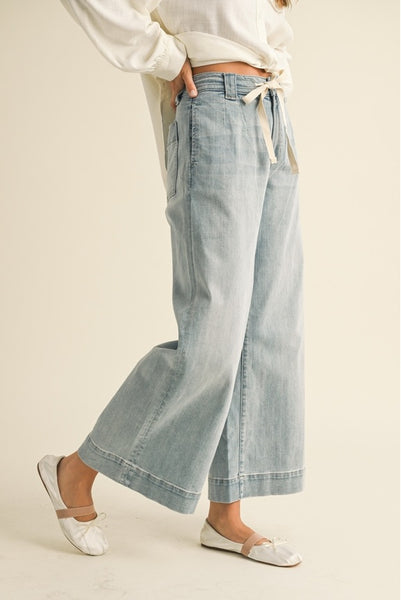 Washed Denim Tie Front Pants - Denim