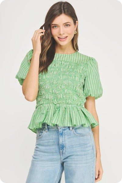 Wavy Smocked Puff Sleeve Top - Green