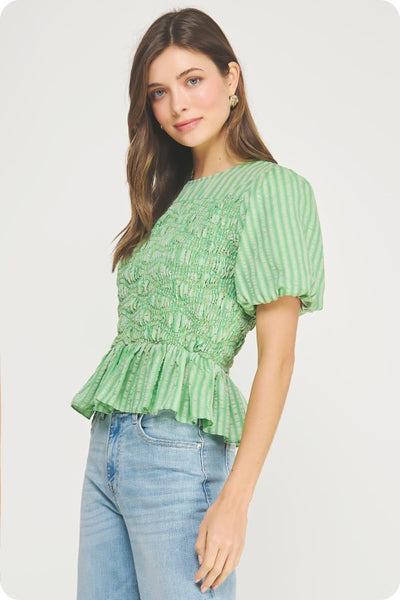 Wavy Smocked Puff Sleeve Top - Green