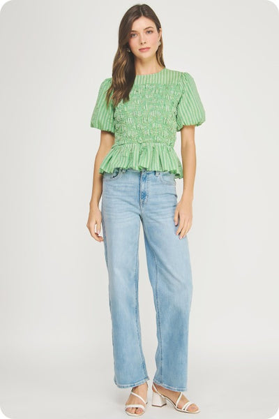 Wavy Smocked Puff Sleeve Top - Green