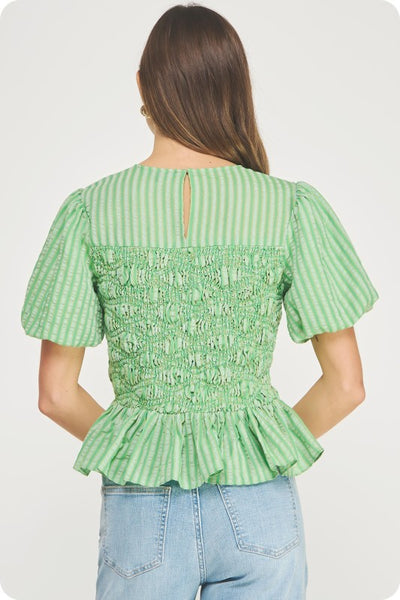 Wavy Smocked Puff Sleeve Top - Green