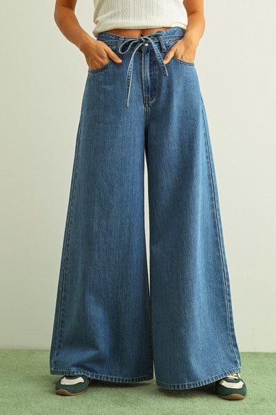Wide Leg Self Belt Pants - Denim