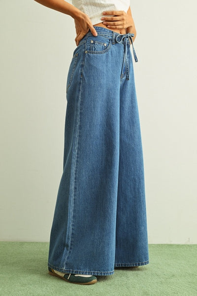 Wide Leg Self Belt Pants - Denim