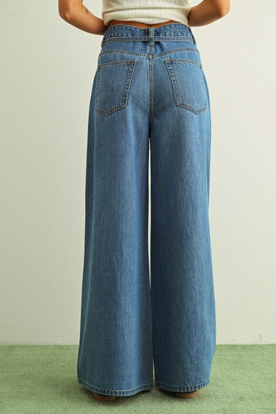 Wide Leg Self Belt Pants - Denim