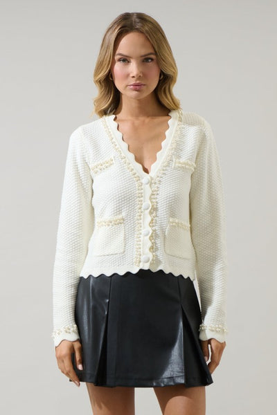 Yania Scallop Pearl Cardigan - White